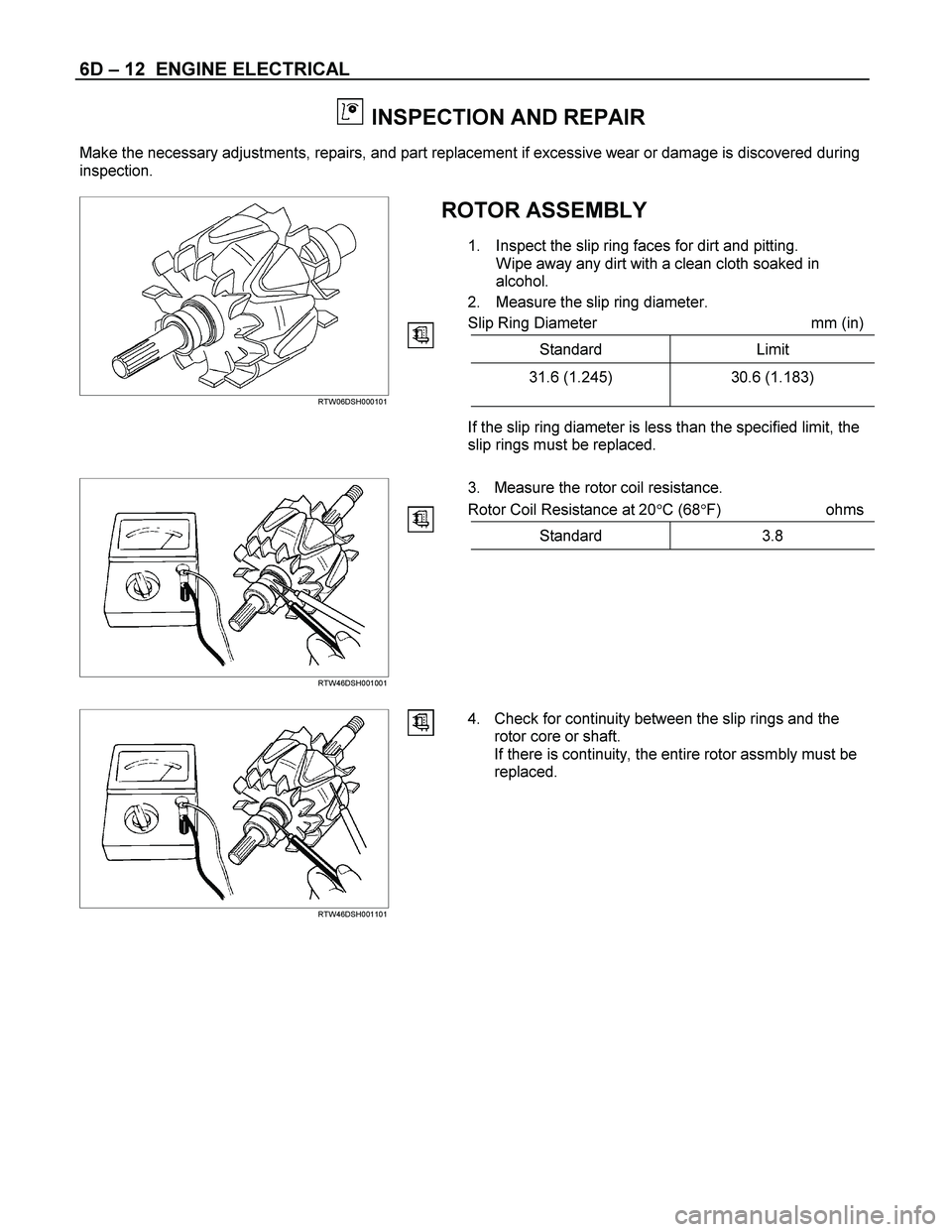 ISUZU TF SERIES 2004 Manual Online 6D  – 12  ENGINE ELECTRICAL 
  INSPECTION AND REPAIR 
Make the necessary adjustments, repairs, and part replacement if excessive wear or damage is discovered during  
inspection. 
 
ROTOR ASSEMBLY 
