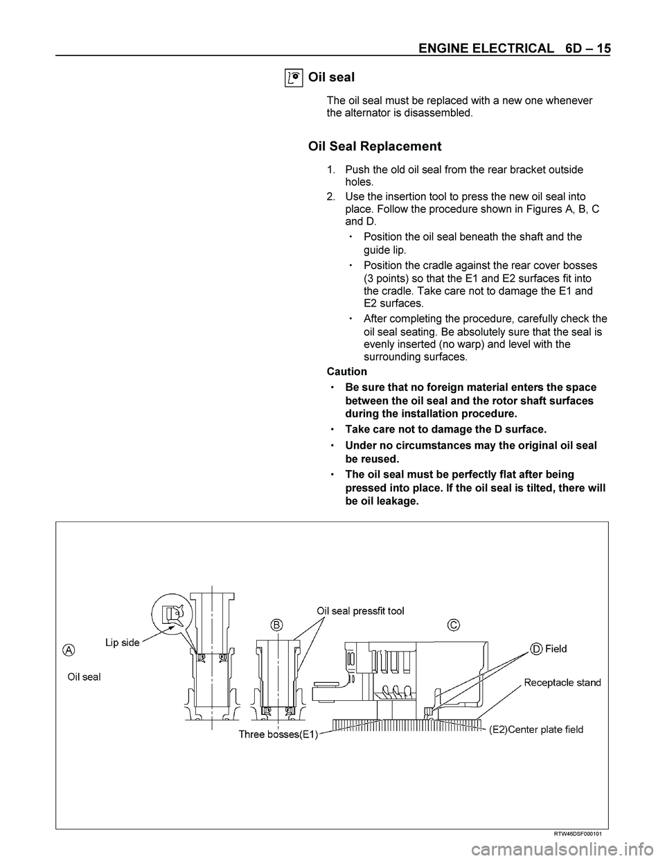 ISUZU TF SERIES 2004 Workshop Manual ENGINE ELECTRICAL 6D – 15
Oil seal
The oil seal must be replaced with a new one whenever
the alternator is disassembled.
Oil Seal Replacement
1. Push the old oil seal from the rear b ISUZU TF SERIES 2004 Workshop Manual ENGINE ELECTRICAL 6D – 15
Oil seal
The oil seal must be replaced with a new one whenever
the alternator is disassembled.
Oil Seal Replacement
1. Push the old oil seal from the rear b