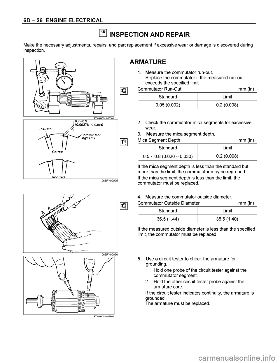ISUZU TF SERIES 2004 Manual Online 6D – 26 ENGINE ELECTRICAL
INSPECTION AND REPAIR
Make the necessary adjustments, repairs, and part replacement if excessive wear or damage is discovered during
inspection.
ARMATURE
1. Me ISUZU TF SERIES 2004 Manual Online 6D – 26 ENGINE ELECTRICAL
INSPECTION AND REPAIR
Make the necessary adjustments, repairs, and part replacement if excessive wear or damage is discovered during
inspection.
ARMATURE
1. Me