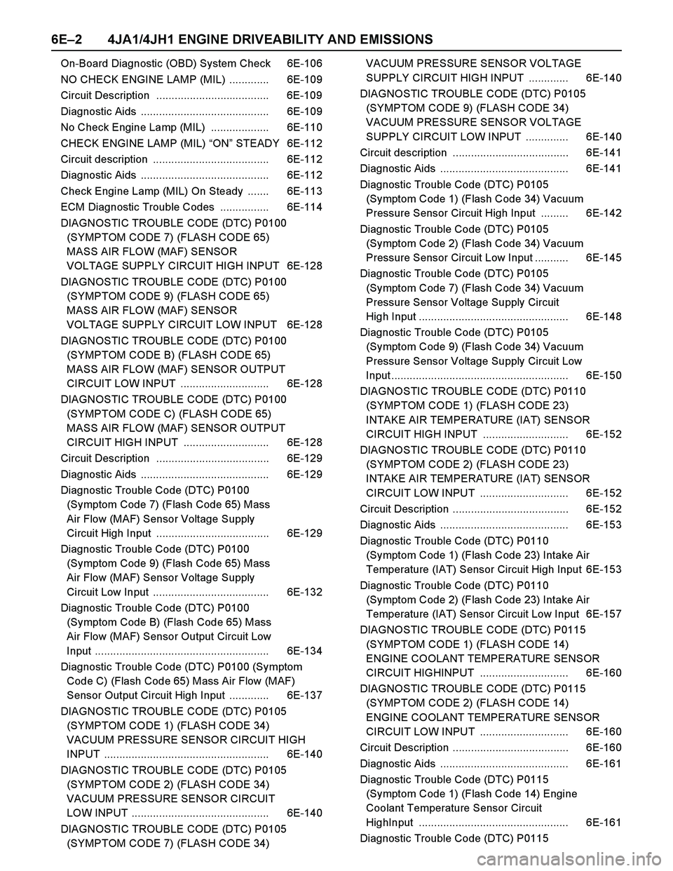 ISUZU TF SERIES 2004 Owners Manual 6E–2 4JA1/4JH1 ENGINE DRIVEABILITY AND EMISSIONS
On-Board Diagnostic (OBD) System Check 6E-106
NO CHECK ENGINE LAMP (MIL) ............. 6E-109
Circuit Description ................................. ISUZU TF SERIES 2004 Owners Manual 6E–2 4JA1/4JH1 ENGINE DRIVEABILITY AND EMISSIONS
On-Board Diagnostic (OBD) System Check 6E-106
NO CHECK ENGINE LAMP (MIL) ............. 6E-109
Circuit Description .................................