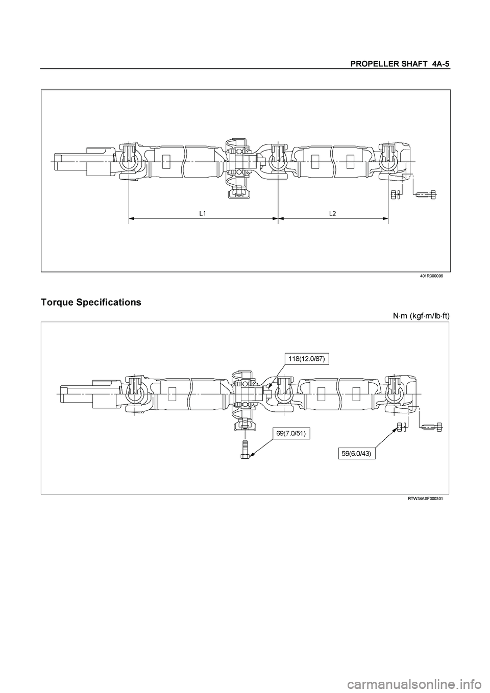ISUZU TF SERIES 2004  Workshop Manual PROPELLER SHAFT  4A-5 
 
 401R300006 
 
 
Torque Specifications 
N
m (kgf
m/lb
ft) 
 RTW34ASF000301 
  