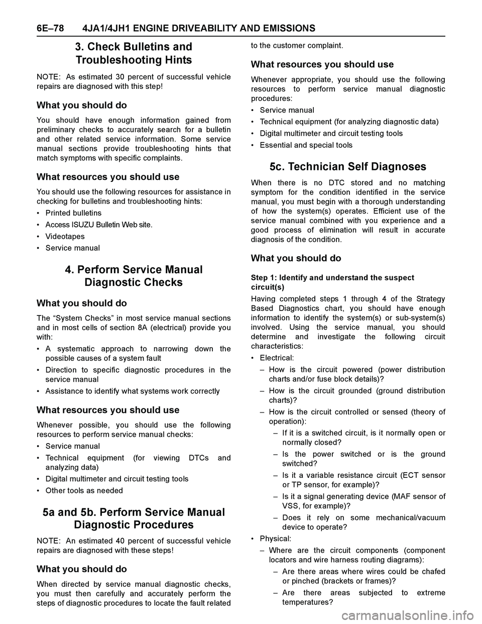 ISUZU TF SERIES 2004 Owners Manual 6E–78 4JA1/4JH1 ENGINE DRIVEABILITY AND EMISSIONS
3. Check Bulletins and
Troubleshooting Hints
NOTE: As estimated 30 percent of successful vehicle
repairs are diagnosed with this step!
What you sh ISUZU TF SERIES 2004 Owners Manual 6E–78 4JA1/4JH1 ENGINE DRIVEABILITY AND EMISSIONS
3. Check Bulletins and
Troubleshooting Hints
NOTE: As estimated 30 percent of successful vehicle
repairs are diagnosed with this step!
What you sh