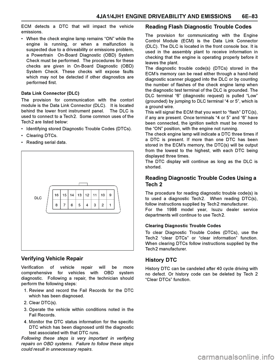 ISUZU TF SERIES 2004 Workshop Manual 4JA1/4JH1 ENGINE DRIVEABILITY AND EMISSIONS 6E–83
ECM detects a DTC that will impact the vehicle
emissions.
When the check engine lamp remains “ON” while the
engine is running, or when a malfun ISUZU TF SERIES 2004 Workshop Manual 4JA1/4JH1 ENGINE DRIVEABILITY AND EMISSIONS 6E–83
ECM detects a DTC that will impact the vehicle
emissions.
When the check engine lamp remains “ON” while the
engine is running, or when a malfun
