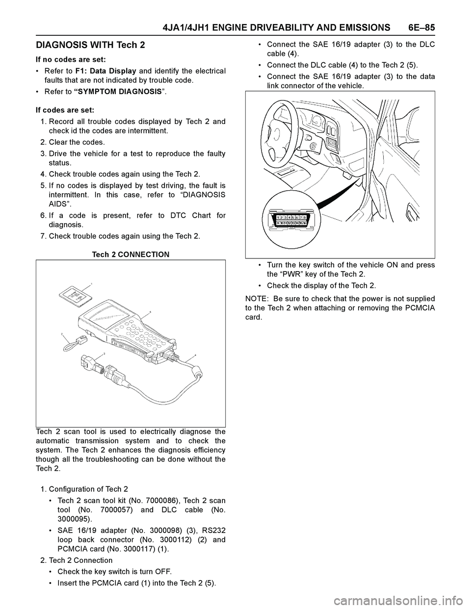 ISUZU TF SERIES 2004  Workshop Manual 4JA1/4JH1 ENGINE DRIVEABILITY AND EMISSIONS 6E–85
DIAGNOSIS WITH Tech 2
If no codes are set:
Refer to F1: Data Display and identify the electrical
faults that are not indicated by trouble code.
Re