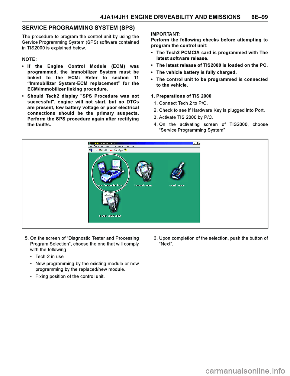 ISUZU TF SERIES 2004  Workshop Manual 4JA1/4JH1 ENGINE DRIVEABILITY AND EMISSIONS 6E–99
SERVICE PROGRAMMING SYSTEM (SPS)
The procedure to program the control unit by using the
Service Programming System (SPS) software contained
in TIS20