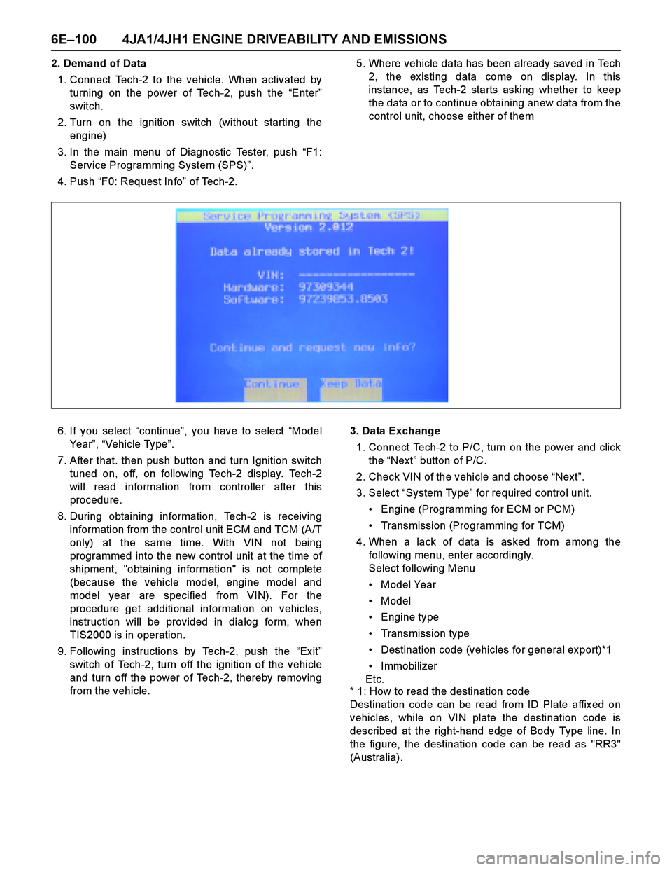 ISUZU TF SERIES 2004 User Guide 6E–100 4JA1/4JH1 ENGINE DRIVEABILITY AND EMISSIONS
2. Demand of Data
1. Connect Tech-2 to the vehicle. When activated by
turning on the power of Tech-2, push the “Enter”
switch.
2. Turn on the i