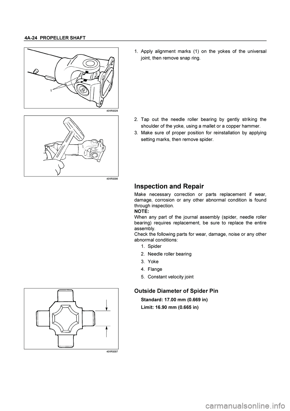 ISUZU TF SERIES 2004  Workshop Manual 4A-24  PROPELLER SHAFT 
 401RS028 
 
1. Apply alignment marks (1) on the yokes of the universal
joint, then remove snap ring. 
 
 401RS006 
 
2. Tap out the needle roller bearing by gently striking th