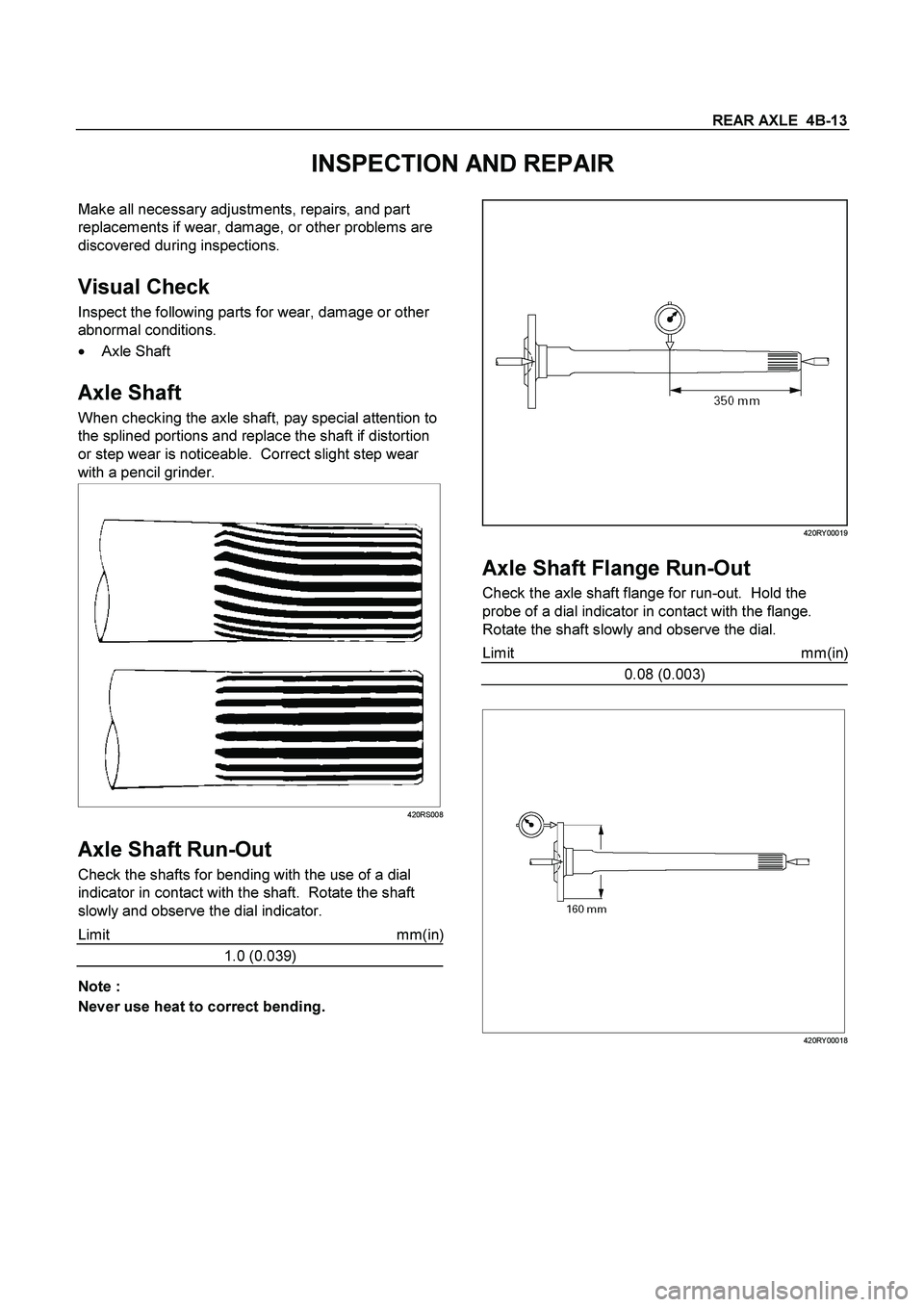 ISUZU TF SERIES 2004  Workshop Manual REAR AXLE  4B-13
 
INSPECTION AND REPAIR 
Make all necessary adjustments, repairs, and part 
replacements if wear, damage, or other problems are 
discovered during inspections. 
 
Visual Check 
Inspec