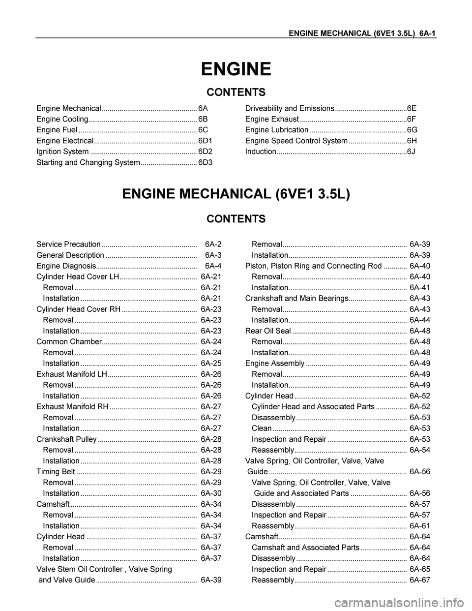 ISUZU TF SERIES 2004 Service Manual ENGINE MECHANICAL (6VE1 3.5L)  6A-1 
ENGINE 
CONTENTS 
Engine Mechanical.................................................6A 
Engine Cooling........................................................6B 
E