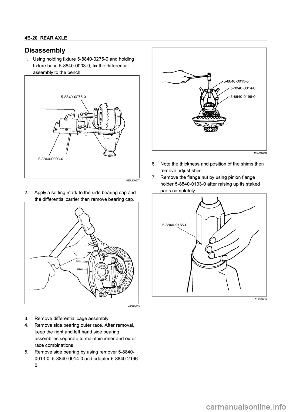 ISUZU TF SERIES 2004 User Guide 4B-20  REAR AXLE
 
Disassembly 
1. 
Using holding fixture 5-8840-0275-0 and holding 
fixture base 5-8840-0003-0, fix the differential 
assembly to the bench.  
425L100007
 
2. 
Apply a setting mark to