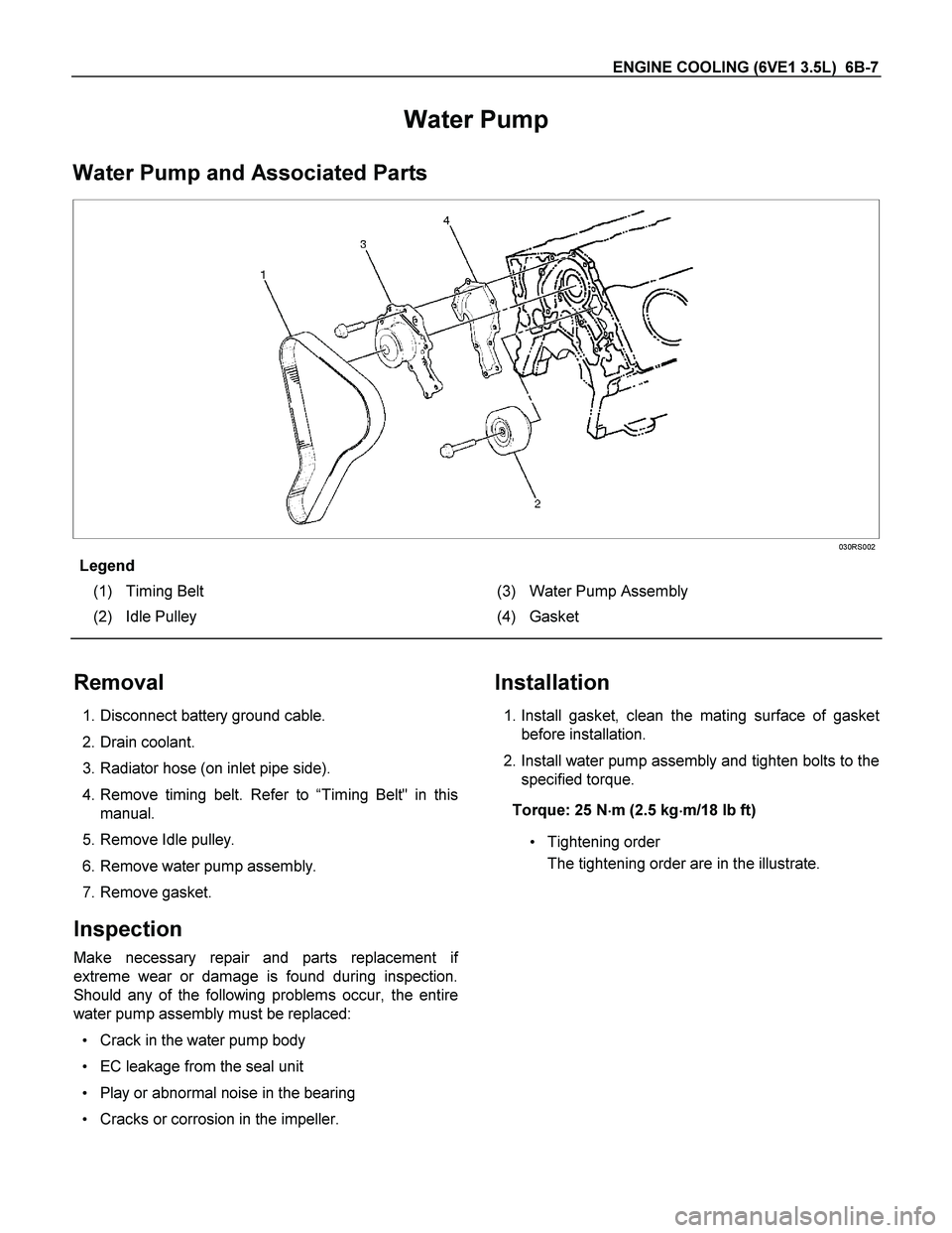 ISUZU TF SERIES 2004 Manual PDF ENGINE COOLING (6VE1 3.5L)  6B-7 
Water Pump 
Water Pump and Associated Parts  
 
 
 
030RS002 
Legend   
(1)  Timing Belt  (3) Water Pump Assembly 
(2) Idle Pulley  (4) Gasket 
 
 
Removal 
 1. Disco