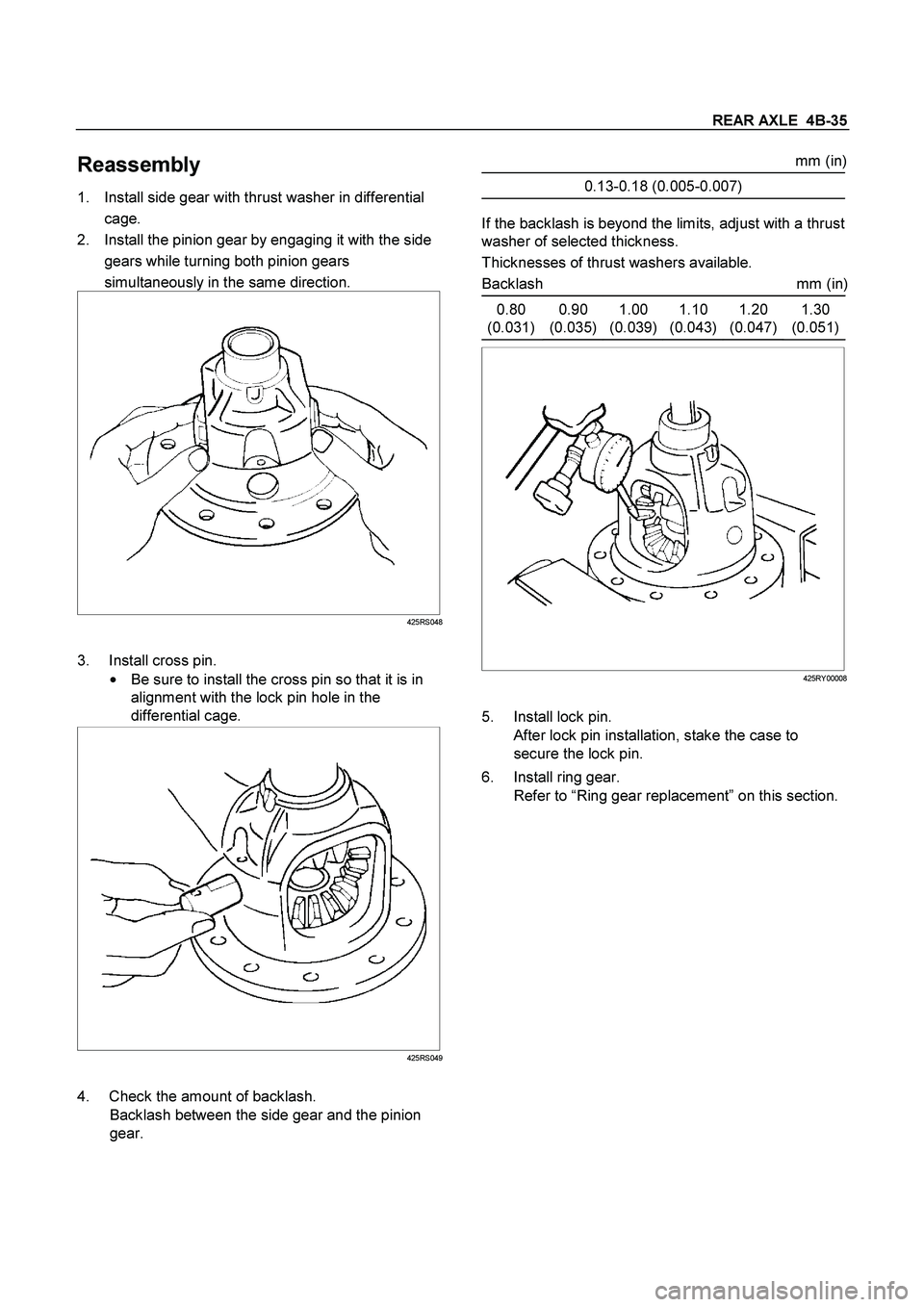 ISUZU TF SERIES 2004 User Guide REAR AXLE  4B-35
 
Reassembly 
1.  Install side gear with thrust washer in differential 
cage. 
2.  Install the pinion gear by engaging it with the side 
gears while turning both pinion gears 
simulta
