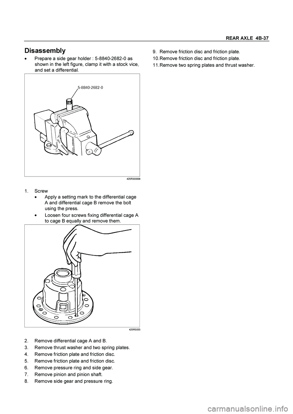 ISUZU TF SERIES 2004 User Guide REAR AXLE  4B-37
 
Disassembly 
  Prepare a side gear holder : 5-8840-2682-0 as 
shown in the left figure, clamp it with a stock vice, 
and set a differential. 
425R300008
 
1. Screw 
 
   Apply a s