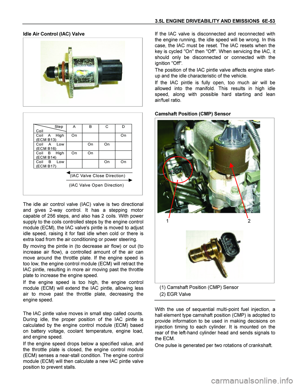 ISUZU TF SERIES 2004  Workshop Manual 3.5L ENGINE DRIVEABILITY AND EMISSIONS  6E-53 
Idle Air Control (IAC) Valve 
  
 
 
 
 
 
 
 
         Step
CoilAB CD
Coil A High
(EC M B13)On On
Coil A Low
(EC M B16)On On
Coil B High
(EC M B14)On On