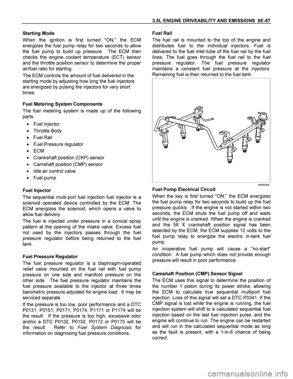 ISUZU TF SERIES 2004 Owners Manual 3.5L ENGINE DRIVEABILITY AND EMISSIONS 6E-57
Starting Mode
When the ignition is first turned "ON," the ECM
energizes the fuel pump relay for two seconds to allo
w
the fuel pump to build up pressure ISUZU TF SERIES 2004 Owners Manual 3.5L ENGINE DRIVEABILITY AND EMISSIONS 6E-57
Starting Mode
When the ignition is first turned "ON," the ECM
energizes the fuel pump relay for two seconds to allo
w
the fuel pump to build up pressure