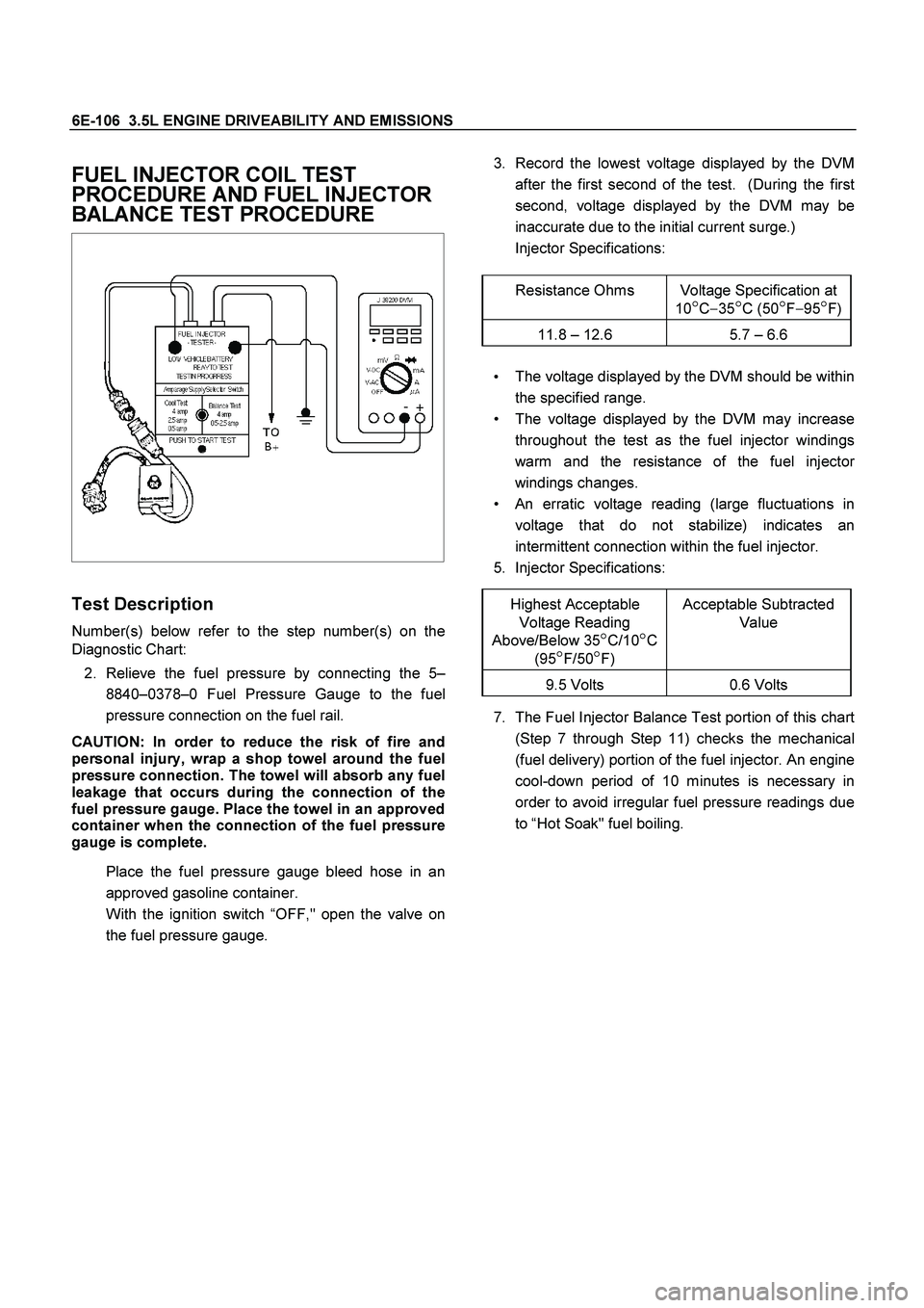 ISUZU TF SERIES 2004 Workshop Manual 6E-106 3.5L ENGINE DRIVEABILITY AND EMISSIONS
FUEL INJECTOR COIL TEST
PROCEDURE AND FUEL INJECTOR
BALANCE TEST PROCEDURE
Test Description
Number(s) below refer to the step number(s) on ISUZU TF SERIES 2004 Workshop Manual 6E-106 3.5L ENGINE DRIVEABILITY AND EMISSIONS
FUEL INJECTOR COIL TEST
PROCEDURE AND FUEL INJECTOR
BALANCE TEST PROCEDURE
Test Description
Number(s) below refer to the step number(s) on