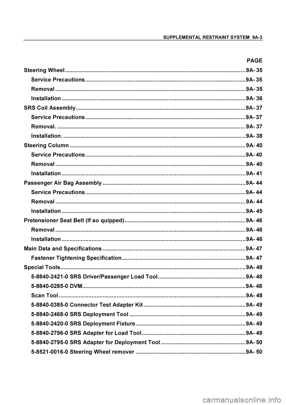 ISUZU TF SERIES 2004  Workshop Manual SUPPLEMENTAL RESTRAINT SYSTEM  9A-3
 
 PAGE 
Steering Wheel ................................................................................................................... 9A- 35 
Service Precauti