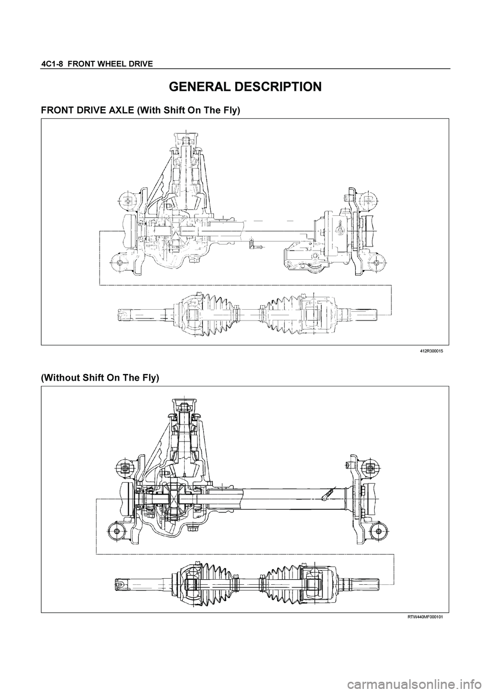 ISUZU TF SERIES 2004 Service Manual 4C1-8  FRONT WHEEL DRIVE 
GENERAL DESCRIPTION 
FRONT DRIVE AXLE (With Shift On The Fly) 
  
 
 
412R300015 
 
 
(Without Shift On The Fly) 
  
 
 
RTW440MF000101  