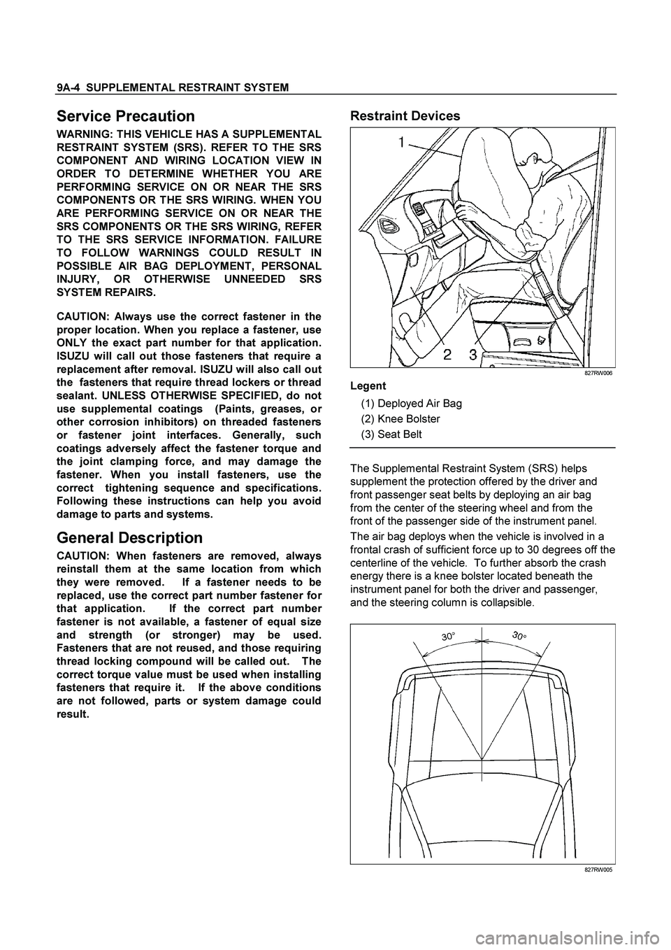 ISUZU TF SERIES 2004  Workshop Manual 9A-4  SUPPLEMENTAL RESTRAINT SYSTEM
 
Service Precaution 
WARNING: THIS VEHICLE HAS A SUPPLEMENTAL 
RESTRAINT SYSTEM (SRS). REFER TO THE SRS 
COMPONENT AND WIRING LOCATION VIEW IN 
ORDER TO DETERMINE 