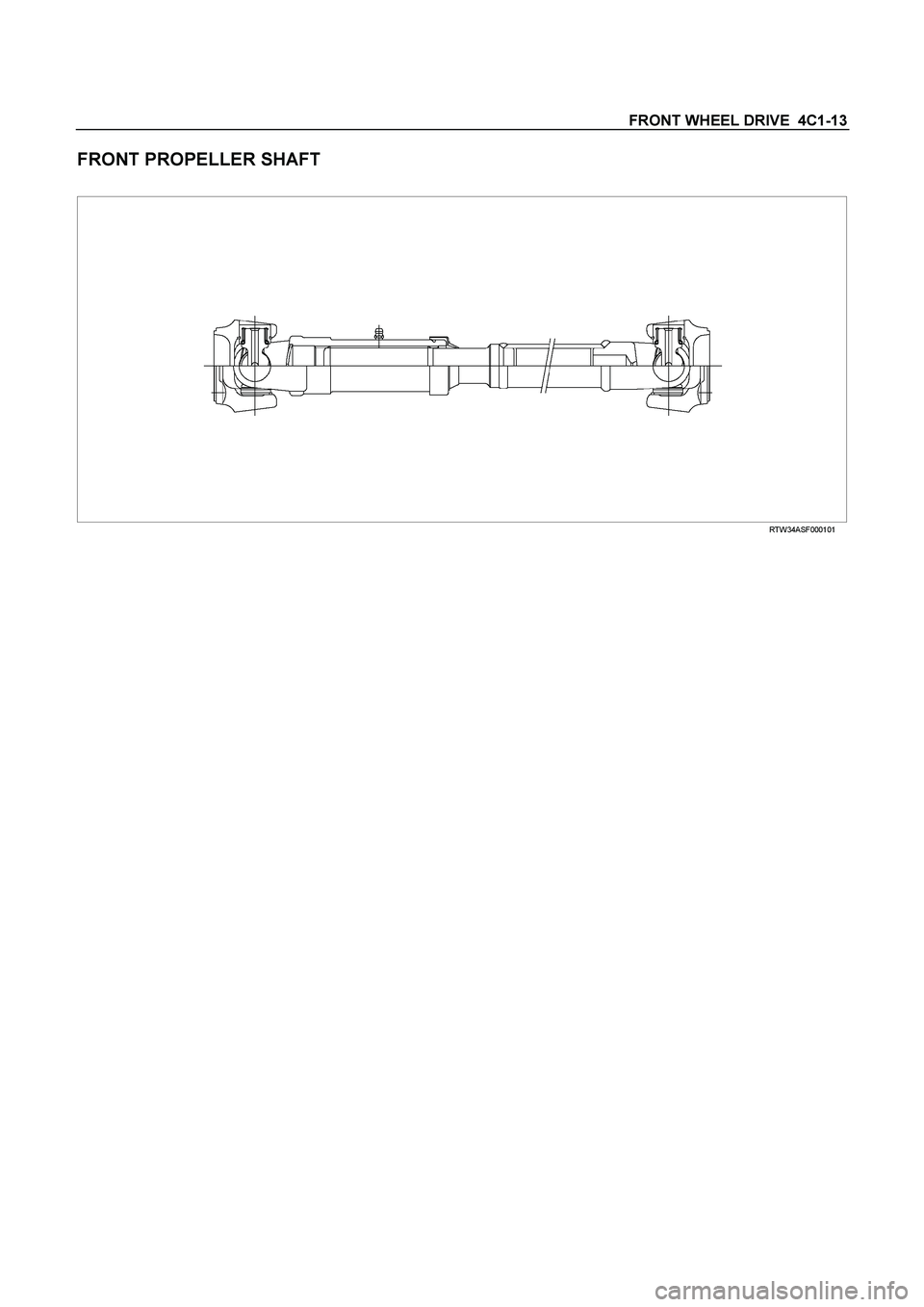 ISUZU TF SERIES 2004 Service Manual FRONT WHEEL DRIVE  4C1-13 
FRONT PROPELLER SHAFT 
 
 RTW34ASF000101 
  