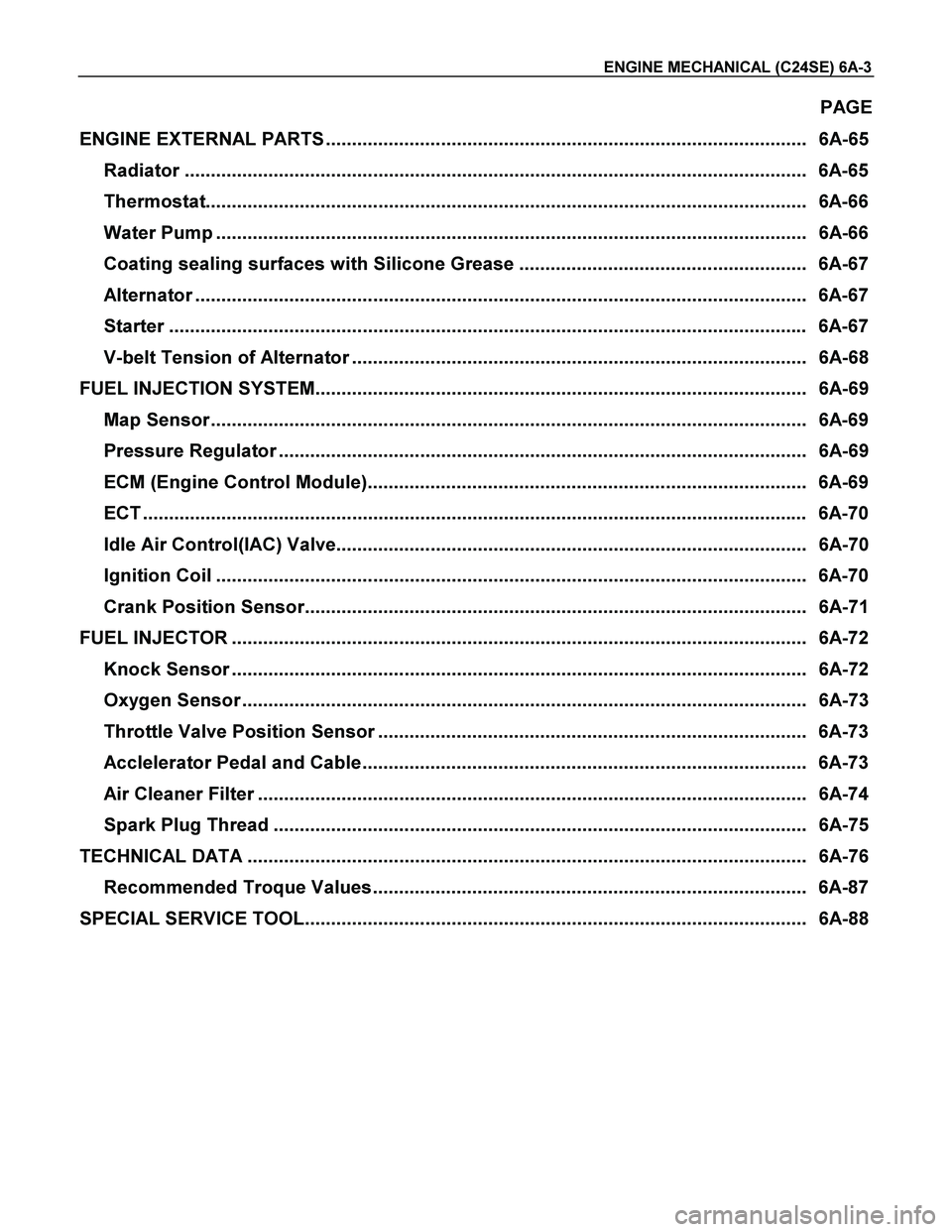 ISUZU TF SERIES 2004  Workshop Manual ENGINE MECHANICAL (C24SE) 6A-3 
PAGE 
ENGINE EXTERNAL PARTS ............................................................................................  6A-65 
Radiator ..............................