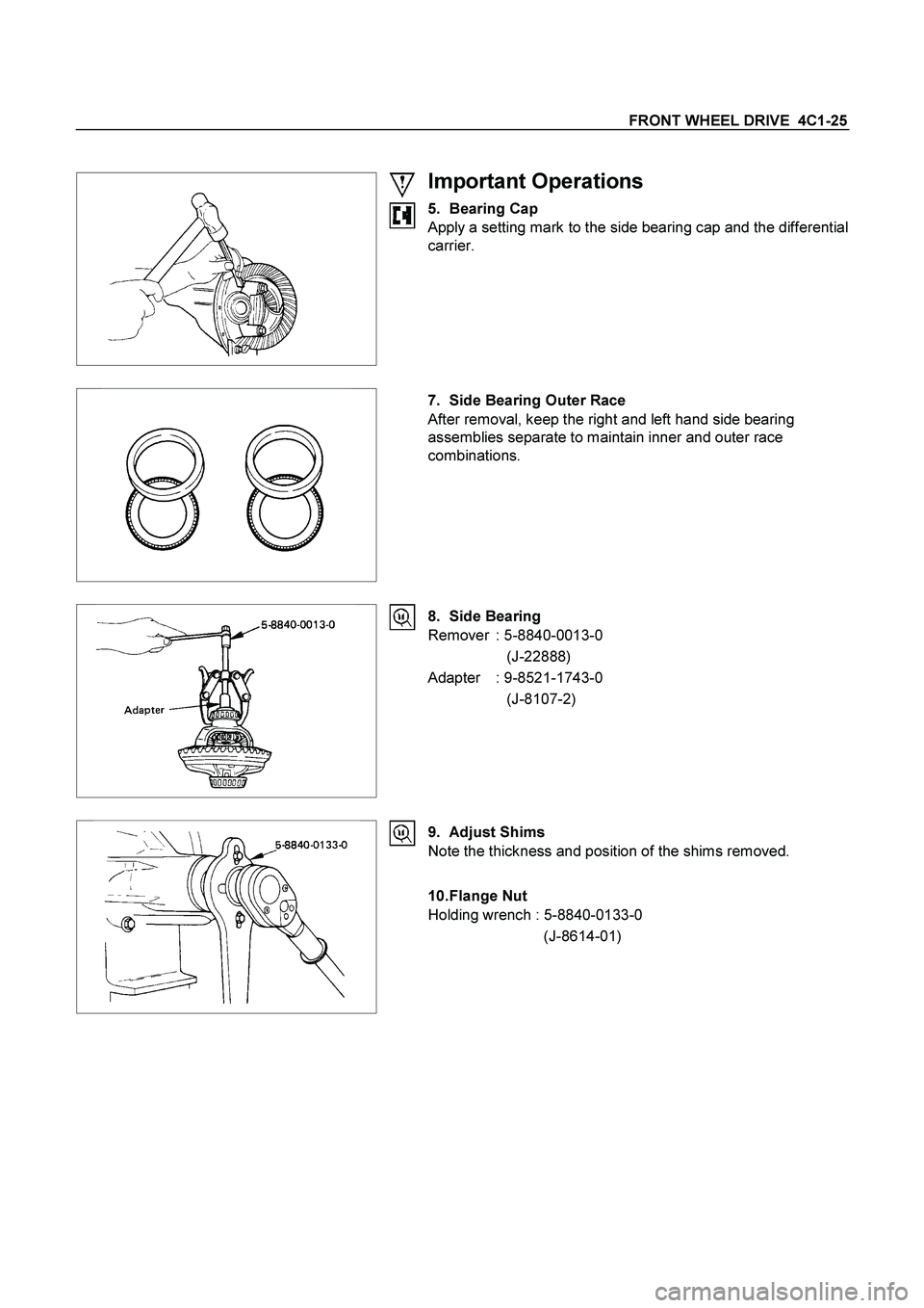 ISUZU TF SERIES 2004  Workshop Manual FRONT WHEEL DRIVE  4C1-25 
 
  
 
Important Operations 
5. Bearing Cap 
Apply a setting mark to the side bearing cap and the differential 
carrier. 
 
  
 
 7.  Side Bearing Outer Race 
After removal,