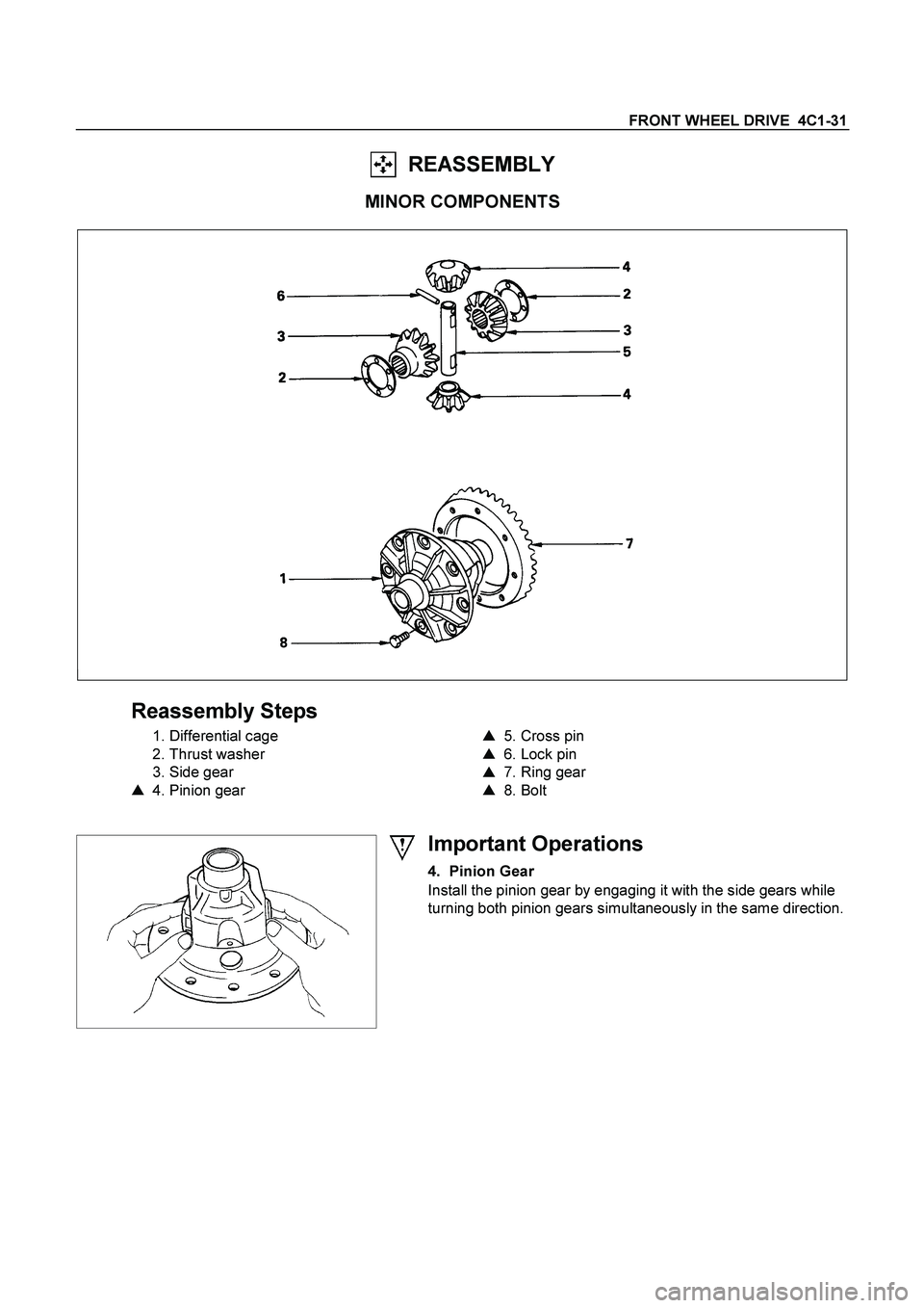 ISUZU TF SERIES 2004  Workshop Manual FRONT WHEEL DRIVE  4C1-31 
  REASSEMBLY 
MINOR COMPONENTS 
 
 
Reassembly Steps 
  1. Differential cage 
  2. Thrust washer 
  3. Side gear 

 4. Pinion gear 
  
 

 5. Cross pin 

 6. Lock pin 

