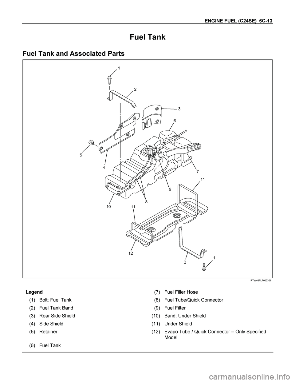 ISUZU TF SERIES 2004  Workshop Manual ENGINE FUEL (C24SE)  6C-13 
Fuel Tank 
Fuel Tank and Associated Parts 
  
 
 
 
RTW46FLF000301 
 
Legend (7) Fuel Filler Hose 
(1)  Bolt; Fuel Tank  (8)Fuel Tube/Quick Connector 
(2)  Fuel Tank Band  