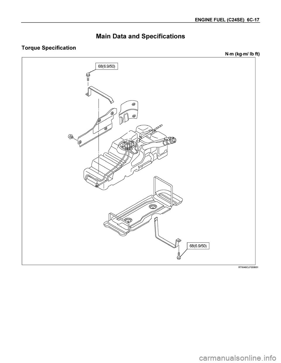 ISUZU TF SERIES 2004  Workshop Manual ENGINE FUEL (C24SE)  6C-17 
Main Data and Specifications 
Torque Specification 
N
 m (kg
 m/ lb ft) 
 
 
 
 
RTW46CLF000601 
  