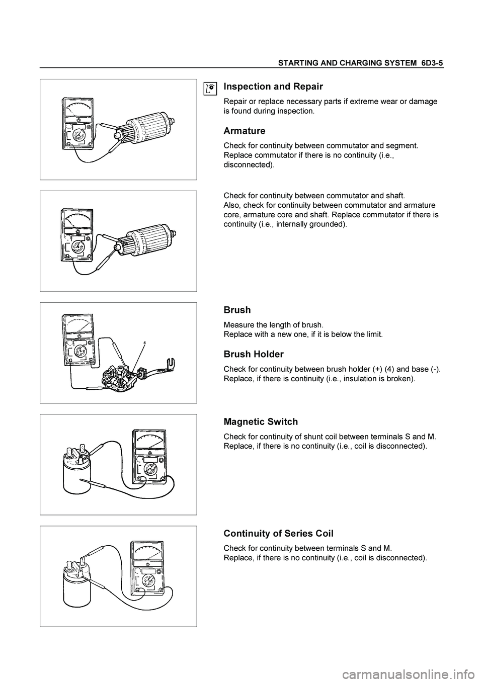 ISUZU TF SERIES 2004 Owners Guide STARTING AND CHARGING SYSTEM  6D3-5 
 
  
 
Inspection and Repair 
Repair or replace necessary parts if extreme wear or damage 
is found during inspection. 
Armature 
Check for continuity between comm