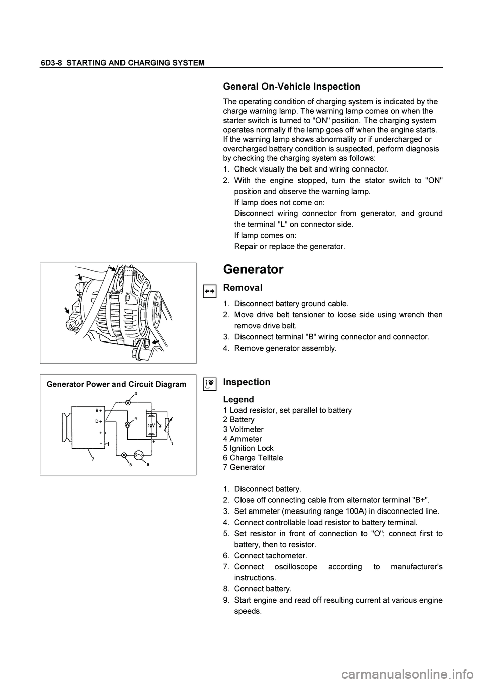 ISUZU TF SERIES 2004 Workshop Manual 6D3-8 STARTING AND CHARGING SYSTEM
General On-Vehicle Inspection
The operating condition of charging system is indicated by the
charge warning lamp. The warning lamp comes on when the
starter ISUZU TF SERIES 2004 Workshop Manual 6D3-8 STARTING AND CHARGING SYSTEM
General On-Vehicle Inspection
The operating condition of charging system is indicated by the
charge warning lamp. The warning lamp comes on when the
starter
