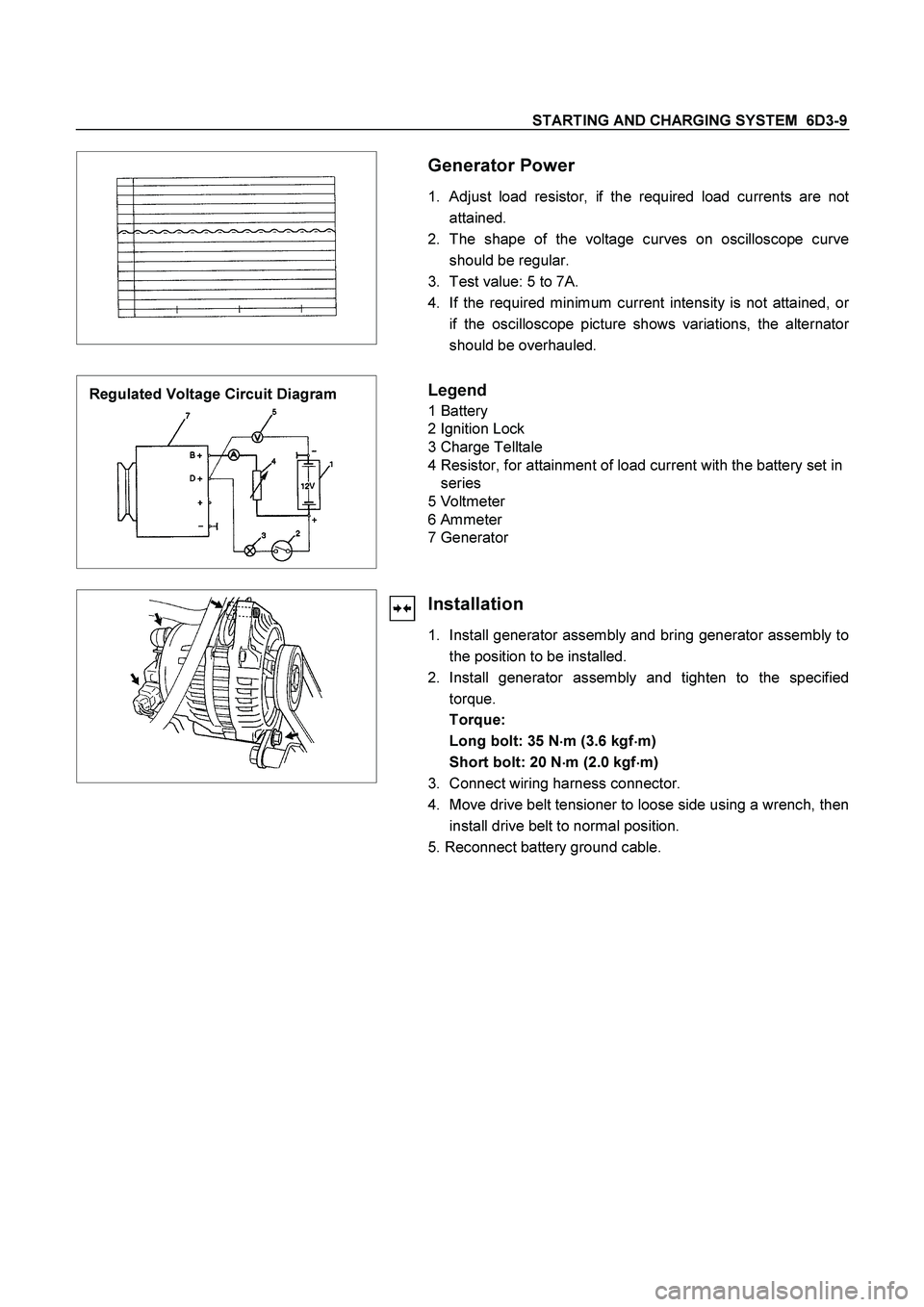 ISUZU TF SERIES 2004 Workshop Manual STARTING AND CHARGING SYSTEM 6D3-9
Generator Power
1. Adjust load resistor, if the required load currents are not
attained.
2. The shape of the voltage curves on oscilloscope curve
shoul ISUZU TF SERIES 2004 Workshop Manual STARTING AND CHARGING SYSTEM 6D3-9
Generator Power
1. Adjust load resistor, if the required load currents are not
attained.
2. The shape of the voltage curves on oscilloscope curve
shoul