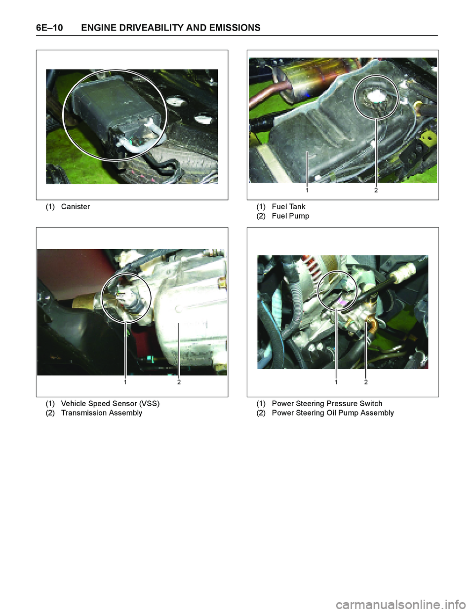 ISUZU TF SERIES 2004 Manual Online 6E–10 ENGINE DRIVEABILITY AND EMISSIONS
(1) Canister(1)
(2)Fuel Tank
Fuel Pump
2 1
(1)
(2)Vehicle Speed Sensor (VSS)
Transmission Assembly
12
(1)
(2)Power Steering Pressure Switch
Power Steering Oil ISUZU TF SERIES 2004 Manual Online 6E–10 ENGINE DRIVEABILITY AND EMISSIONS
(1) Canister(1)
(2)Fuel Tank
Fuel Pump
2 1
(1)
(2)Vehicle Speed Sensor (VSS)
Transmission Assembly
12
(1)
(2)Power Steering Pressure Switch
Power Steering Oil