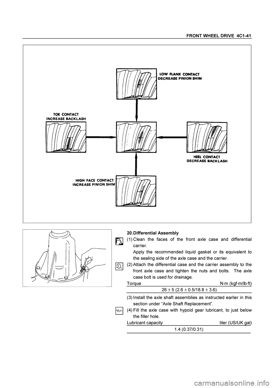 ISUZU TF SERIES 2004 Workshop Manual FRONT WHEEL DRIVE 4C1-41
20. Differential Assembly
(1) Clean the faces of the front axle case and differential
carrier.
Apply the recommended liquid gasket or its ISUZU TF SERIES 2004 Workshop Manual FRONT WHEEL DRIVE 4C1-41
20. Differential Assembly
(1) Clean the faces of the front axle case and differential
carrier.
Apply the recommended liquid gasket or its