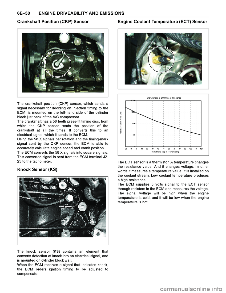 ISUZU TF SERIES 2004 Owners Guide 6E–50 ENGINE DRIVEABILITY AND EMISSIONS
Crankshaft Position (CKP) Sensor
The crankshaft position (CKP) sensor, which sends a
signal necessary for deciding on injection timing to the
ECM, is mounted ISUZU TF SERIES 2004 Owners Guide 6E–50 ENGINE DRIVEABILITY AND EMISSIONS
Crankshaft Position (CKP) Sensor
The crankshaft position (CKP) sensor, which sends a
signal necessary for deciding on injection timing to the
ECM, is mounted