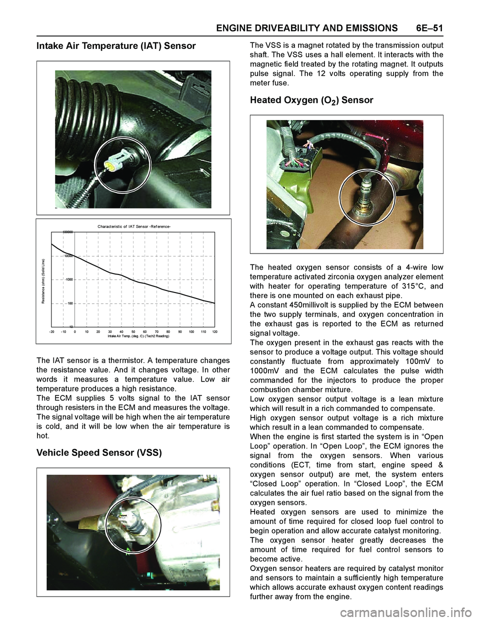 ISUZU TF SERIES 2004 Manual Online ENGINE DRIVEABILITY AND EMISSIONS 6E–51
Intake Air Temperature (IAT) Sensor
The IAT sensor is a thermistor. A temperature changes
the resistance value. And it changes voltage. In other
words it meas ISUZU TF SERIES 2004 Manual Online ENGINE DRIVEABILITY AND EMISSIONS 6E–51
Intake Air Temperature (IAT) Sensor
The IAT sensor is a thermistor. A temperature changes
the resistance value. And it changes voltage. In other
words it meas