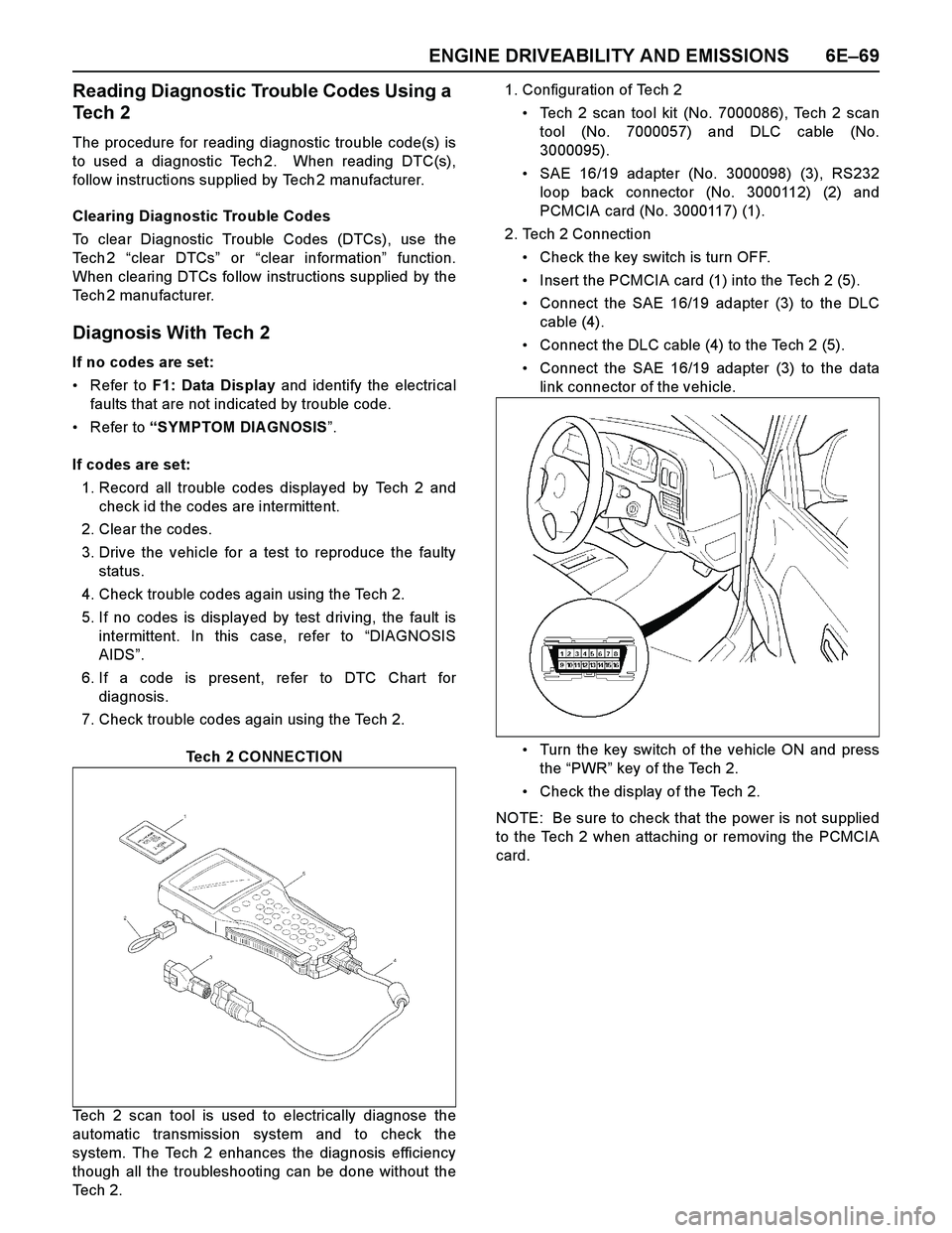 ISUZU TF SERIES 2004 Manual Online ENGINE DRIVEABILITY AND EMISSIONS 6E–69
Reading Diagnostic Trouble Codes Using a
Tech 2
The procedure for reading diagnostic trouble code(s) is
to used a diagnostic Tech 2. When reading DTC(s),
fo ISUZU TF SERIES 2004 Manual Online ENGINE DRIVEABILITY AND EMISSIONS 6E–69
Reading Diagnostic Trouble Codes Using a
Tech 2
The procedure for reading diagnostic trouble code(s) is
to used a diagnostic Tech 2. When reading DTC(s),
fo