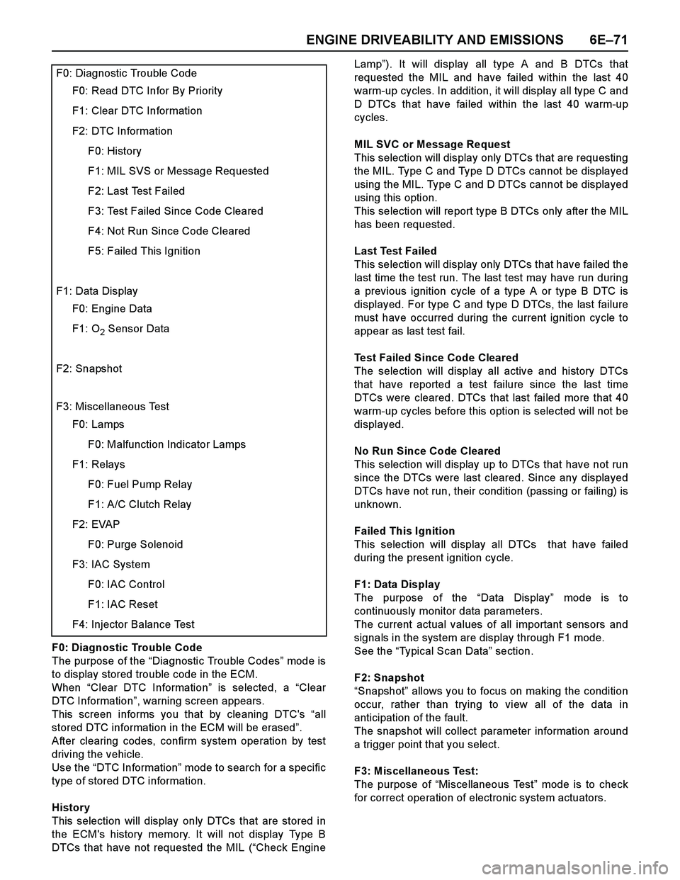 ISUZU TF SERIES 2004 Workshop Manual ENGINE DRIVEABILITY AND EMISSIONS 6E–71
F0: Diagnostic Trouble Code
The purpose of the “Diagnostic Trouble Codes” mod e i s
to display stored trouble code in the ECM.
When “Clear DTC Informati ISUZU TF SERIES 2004 Workshop Manual ENGINE DRIVEABILITY AND EMISSIONS 6E–71
F0: Diagnostic Trouble Code
The purpose of the “Diagnostic Trouble Codes” mod e i s
to display stored trouble code in the ECM.
When “Clear DTC Informati