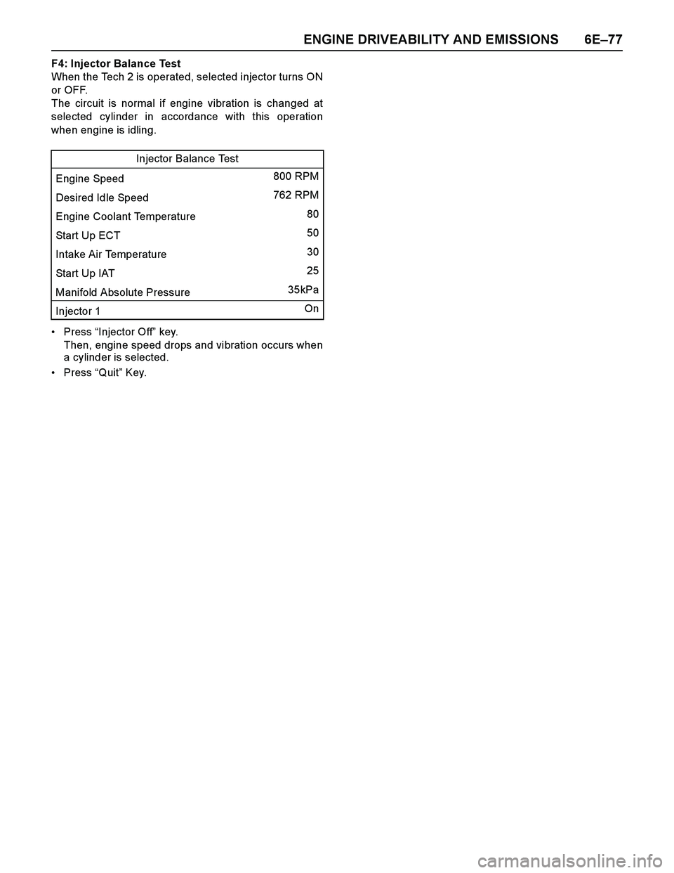 ISUZU TF SERIES 2004 Workshop Manual ENGINE DRIVEABILITY AND EMISSIONS 6E–77
F4: Injector Balance Test
When the Tech 2 is operated, selected injector turns ON
or OFF.
The circuit is normal if engine vibration is changed at
selected cyl ISUZU TF SERIES 2004 Workshop Manual ENGINE DRIVEABILITY AND EMISSIONS 6E–77
F4: Injector Balance Test
When the Tech 2 is operated, selected injector turns ON
or OFF.
The circuit is normal if engine vibration is changed at
selected cyl