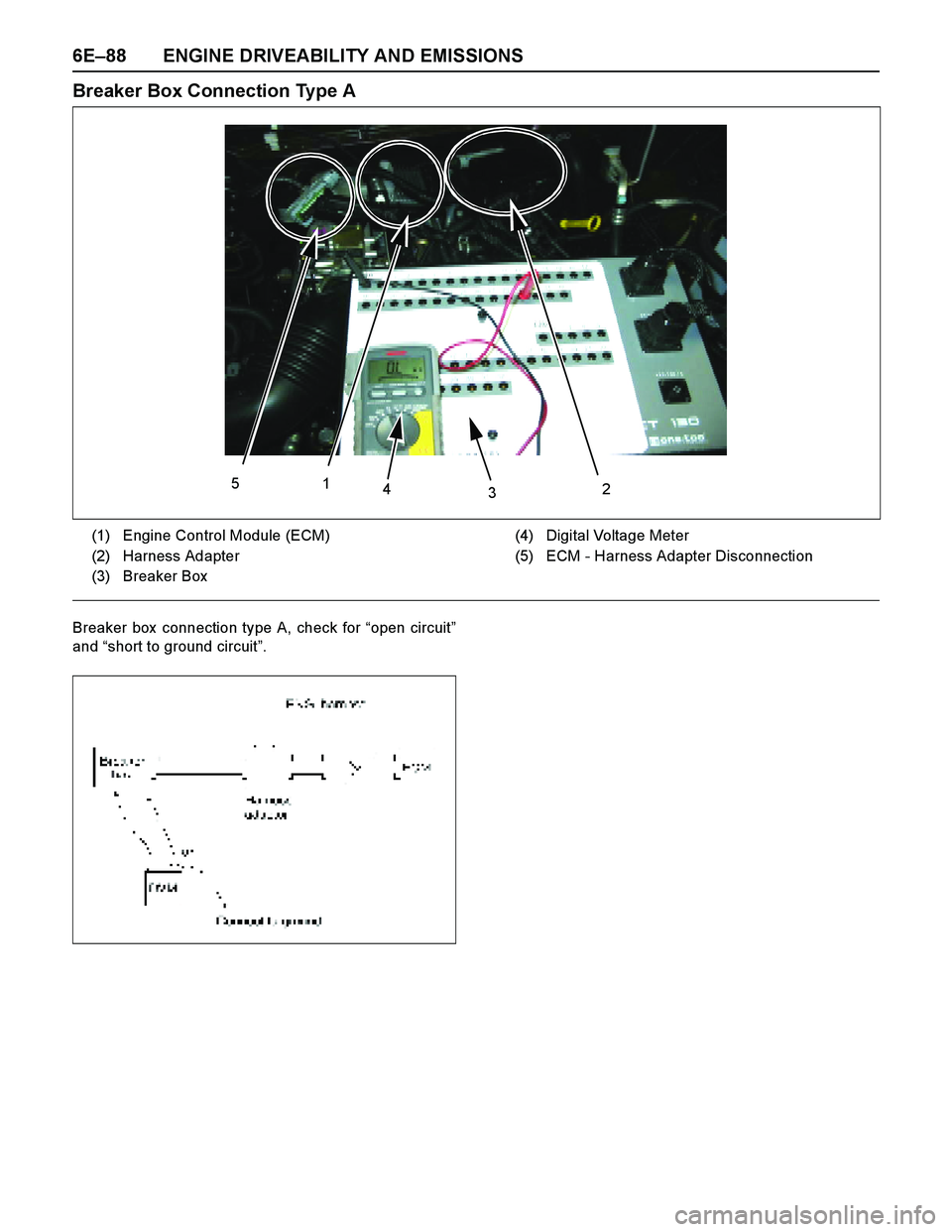 ISUZU TF SERIES 2004 Workshop Manual 6E–88 ENGINE DRIVEABILITY AND EMISSIONS
Breaker Box Connection Type A
Breaker box connection type A, check for “open circuit”
and “short to ground circuit”.
51
4
32
(1) Engine Control Modu ISUZU TF SERIES 2004 Workshop Manual 6E–88 ENGINE DRIVEABILITY AND EMISSIONS
Breaker Box Connection Type A
Breaker box connection type A, check for “open circuit”
and “short to ground circuit”.
51
4
32
(1) Engine Control Modu