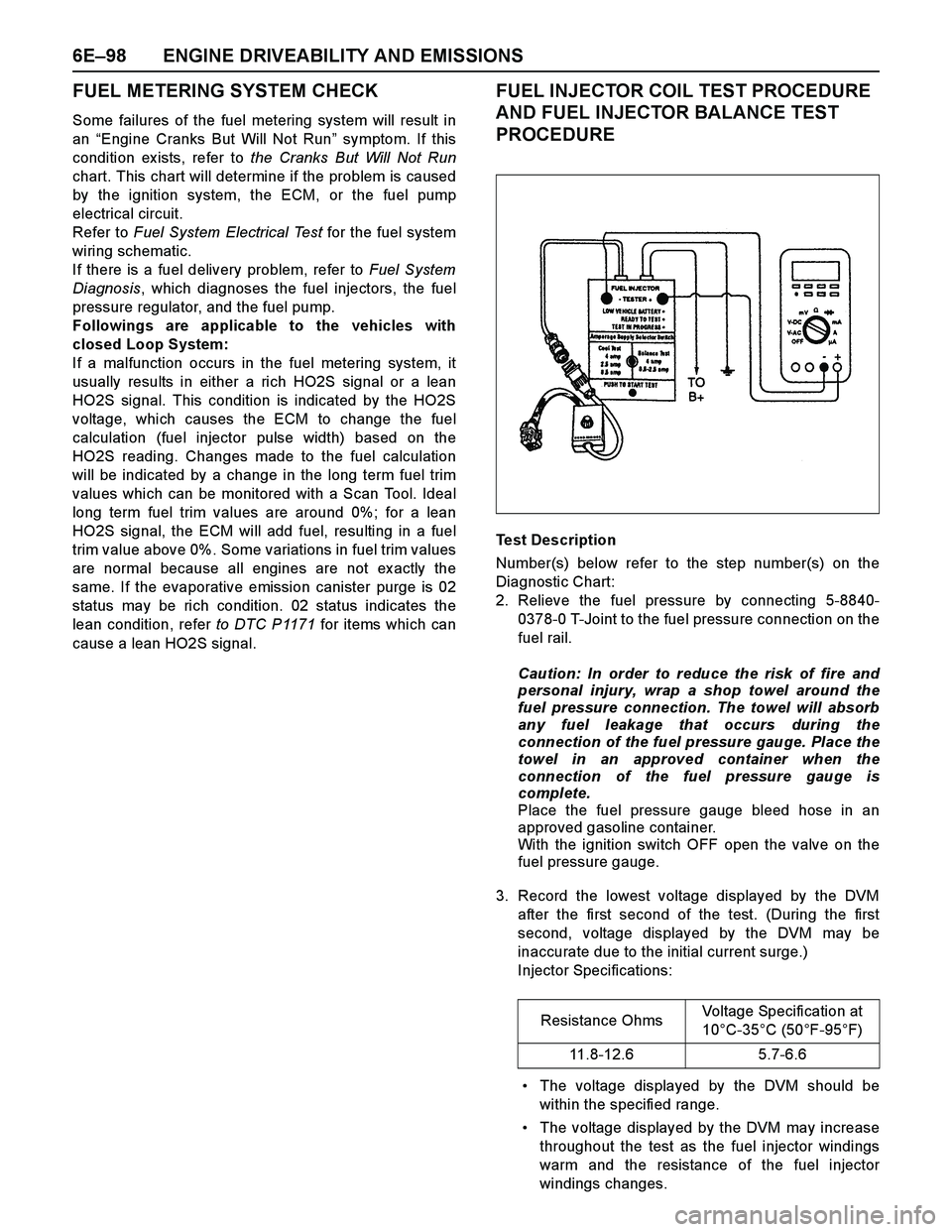 ISUZU TF SERIES 2004 Owners Guide 6E–98 ENGINE DRIVEABILITY AND EMISSIONS
FUEL METERING SYSTEM CHECK
Some failures of the fuel metering system will result in
an “Engine Cranks But Will Not Run” symptom. If this
condition ex ists