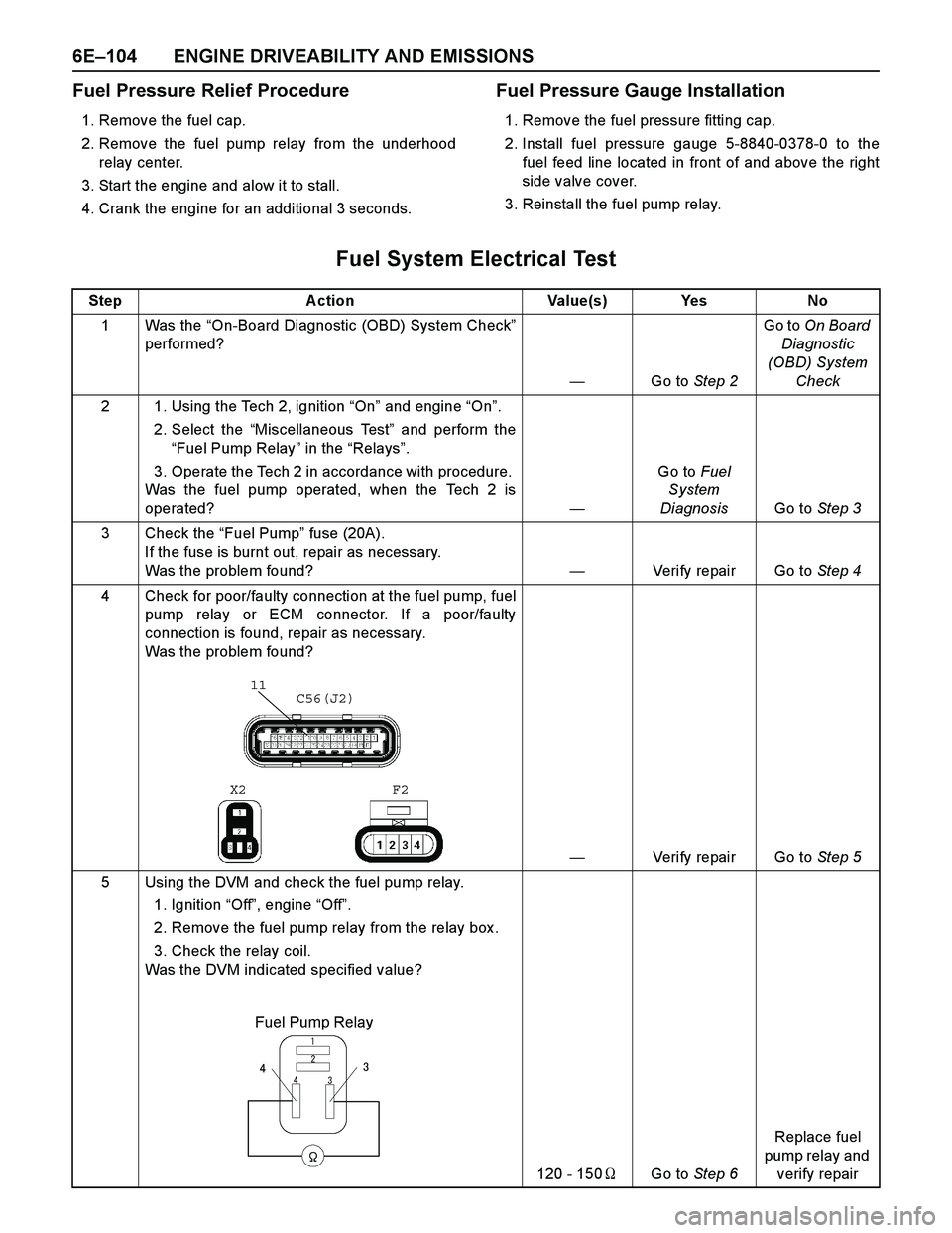 ISUZU TF SERIES 2004 Workshop Manual 6E–104 ENGINE DRIVEABILITY AND EMISSIONS
Fuel Pressure Relief Procedure
1. Remove the fuel cap.
2. Remove the fuel pump relay from the underhood
relay center.
3. Start the engine and alow it to stal ISUZU TF SERIES 2004 Workshop Manual 6E–104 ENGINE DRIVEABILITY AND EMISSIONS
Fuel Pressure Relief Procedure
1. Remove the fuel cap.
2. Remove the fuel pump relay from the underhood
relay center.
3. Start the engine and alow it to stal