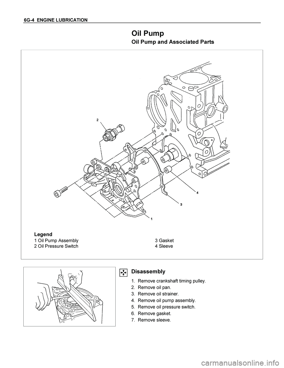 ISUZU TF SERIES 2004 Workshop Manual 6G-4 ENGINE LUBRICATION
Oil Pump
Oil Pump and Associated Parts
Legend
1 Oil Pump Assembly
2 Oil Pressure Switch3 Gasket
4 Sleeve
Disassembly
1. Remove crankshaft timing pulley.
2. Remove ISUZU TF SERIES 2004 Workshop Manual 6G-4 ENGINE LUBRICATION
Oil Pump
Oil Pump and Associated Parts
Legend
1 Oil Pump Assembly
2 Oil Pressure Switch3 Gasket
4 Sleeve
Disassembly
1. Remove crankshaft timing pulley.
2. Remove
