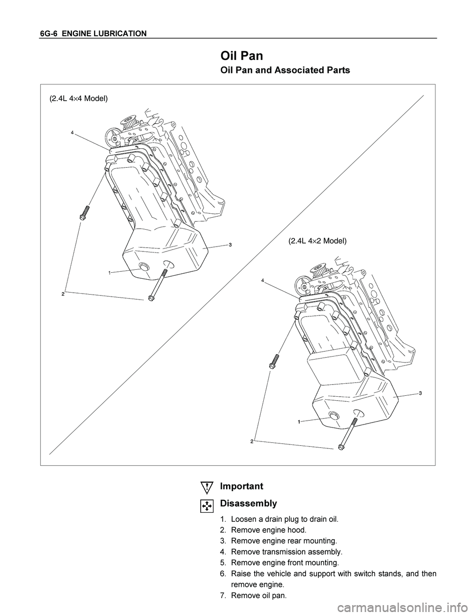 ISUZU TF SERIES 2004 Manual Online 6G-6 ENGINE LUBRICATION
Oil Pan
Oil Pan and Associated Parts
(2.4L 4 ×4 Model)
(2.4L 4 ×2 Model)
Important
Disassembly
1. Loosen a drain plug to drain oil.
2. Remove engin ISUZU TF SERIES 2004 Manual Online 6G-6 ENGINE LUBRICATION
Oil Pan
Oil Pan and Associated Parts
(2.4L 4 ×4 Model)
(2.4L 4 ×2 Model)
Important
Disassembly
1. Loosen a drain plug to drain oil.
2. Remove engin
