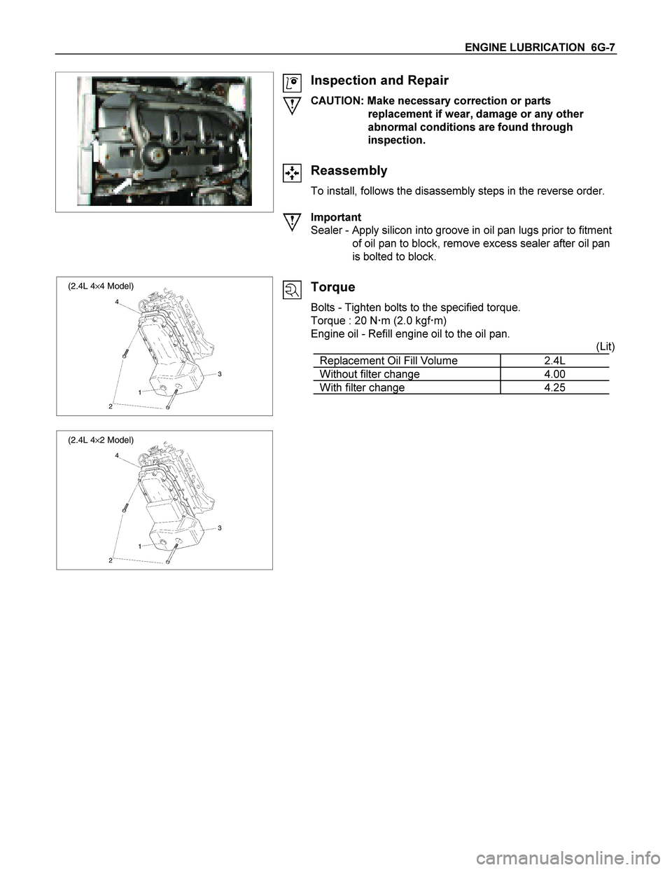 ISUZU TF SERIES 2004 Service Manual ENGINE LUBRICATION  6G-7 
  
   
 
  
 
  
 
  
 
 
Inspection and Repair 
CAUTION: Make necessary correction or parts  replacement if wear, damage or any other 
abnormal conditions are found through 