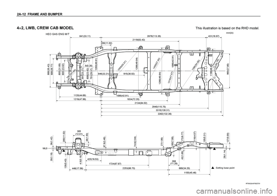 ISUZU TF SERIES 2004  Workshop Manual 2A-12  FRAME AND BUMPER  
4
 2, LWB, CREW CAB MODEL  
This illustration is based on the RHD model.
 
 
 
RTW32AXF002701 
  