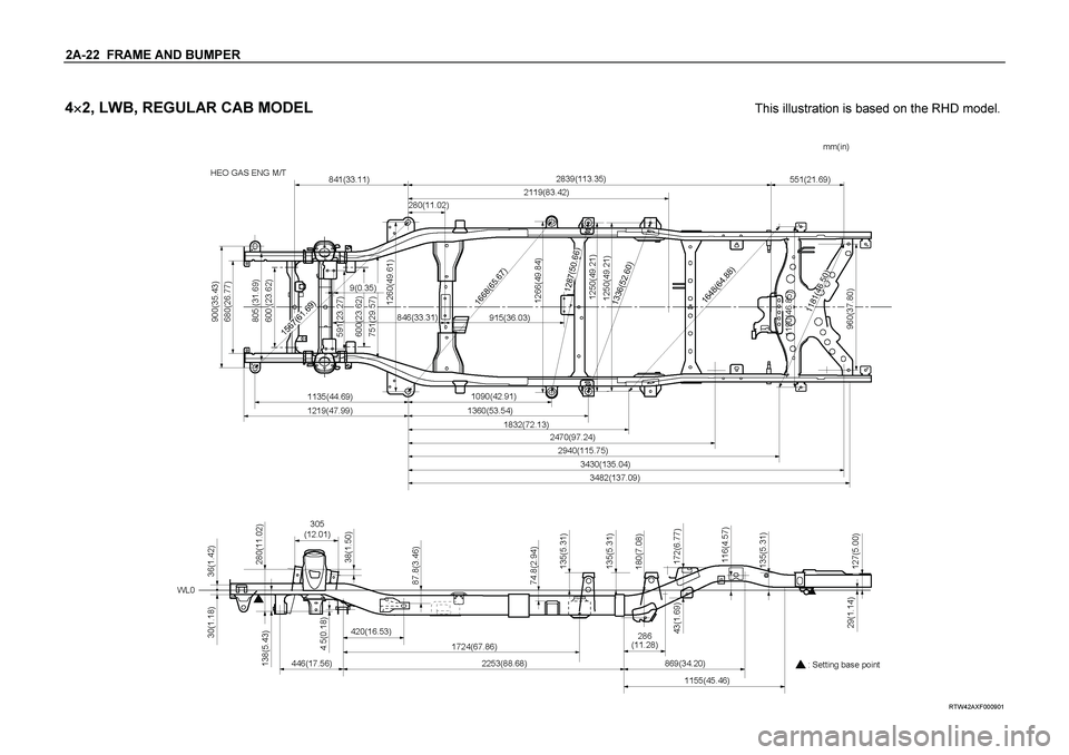 ISUZU TF SERIES 2004  Workshop Manual 2A-22  FRAME AND BUMPER  
4
 2, LWB, REGULAR CAB MODEL  
This illustration is based on the RHD model.
 
 
 
RTW42AXF000901  