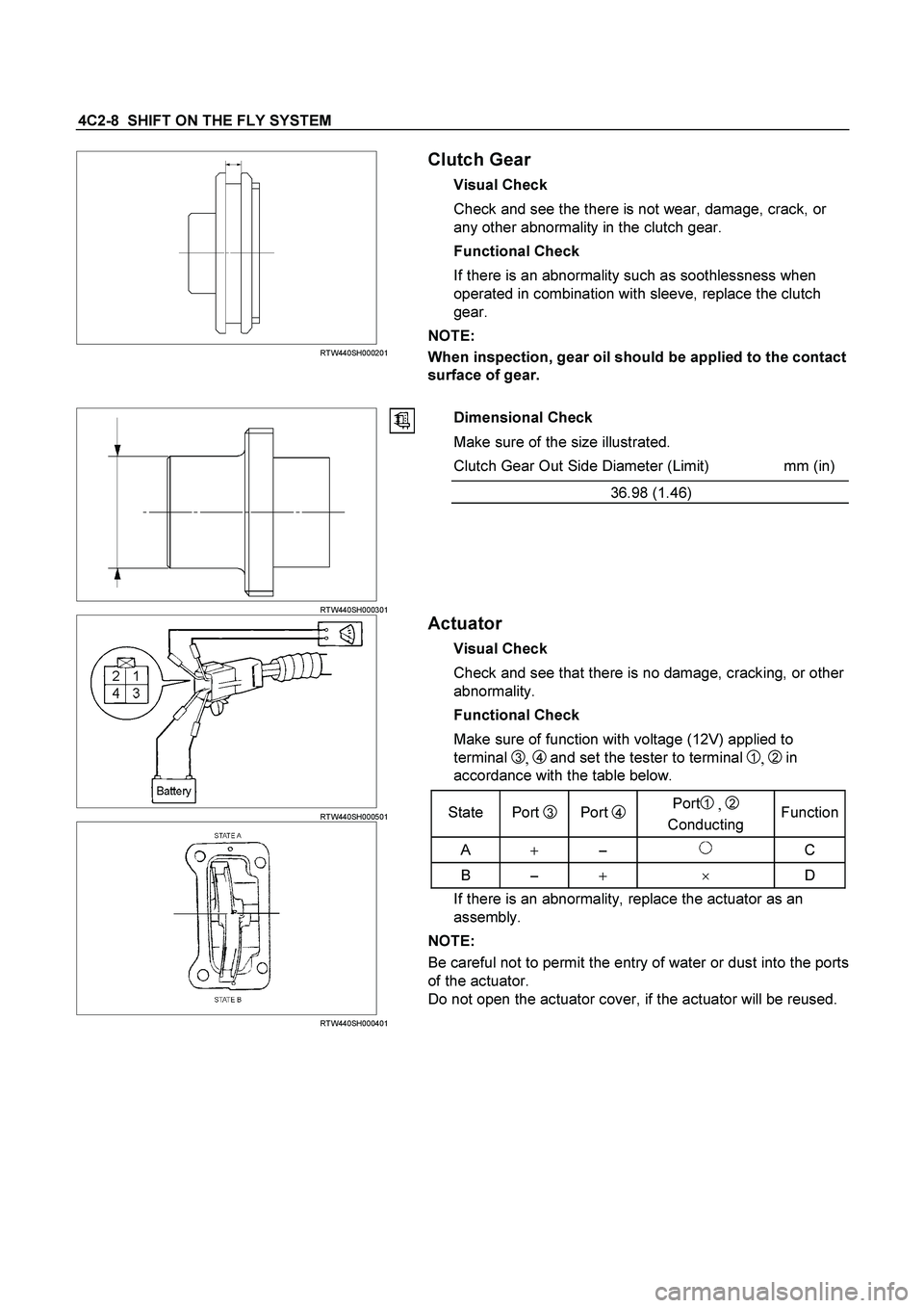 ISUZU TF SERIES 2004  Workshop Manual 4C2-8  SHIFT ON THE FLY SYSTEM 
  
 
 
  RTW440SH000201
 Clutch Gear 
Visual Check 
Check and see the there is not wear, damage, crack, or 
any other abnormality in the clutch gear. 
Functional Check 