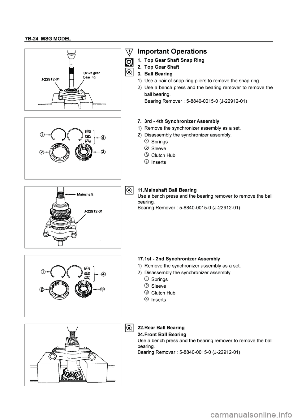 ISUZU TF SERIES 2004  Workshop Manual 7B-24  MSG MODEL 
 
  
 
 
Important Operations 
1.  Top Gear Shaft Snap Ring 
2. Top Gear Shaft 
3. Ball Bearing 
1)  Use a pair of snap ring pliers to remove the snap ring. 
2)  Use a bench press an