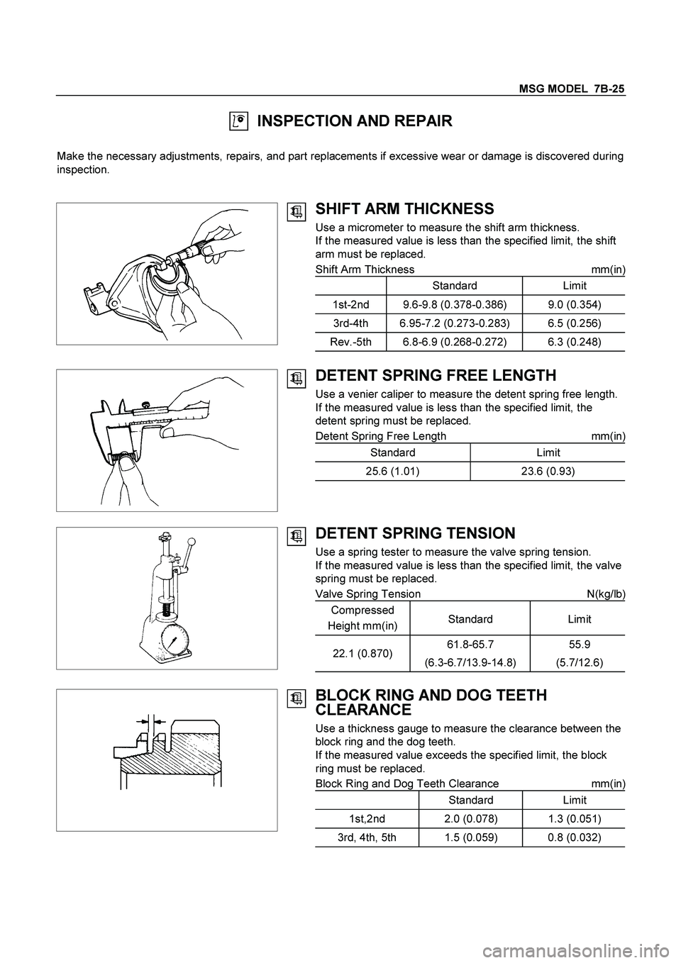 ISUZU TF SERIES 2004  Workshop Manual MSG MODEL  7B-25 
  INSPECTION AND REPAIR 
 
Make the necessary adjustments, repairs, and part replacements if excessive wear or damage is discovered during 
inspection. 
 
 
 
  
 
 
SHIFT ARM THICKN
